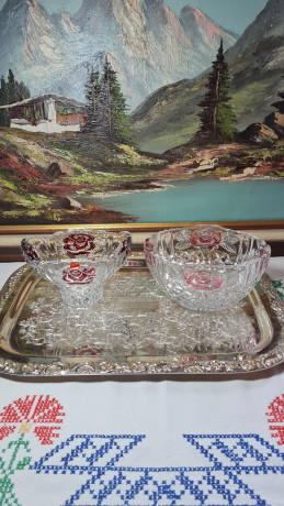 Набор вазочек винтажных Anna Hutte, с красным декором, хрусталь, 2 шт., Германия, 1960-70гг.