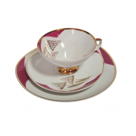 Чайное трио винтажное Mitterteich Bavaria в розово-белых тонах с золотым декором, фарфор, Германия, 1960-70гг.