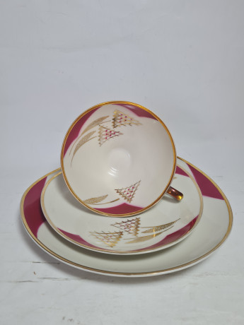 Чайное трио винтажное Mitterteich Bavaria в розово-белых тонах с золотым декором, фарфор, Германия, 1960-70гг.