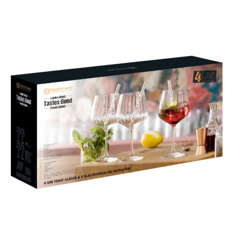Nachtmann Nachtmann Tastes Good Gin & Tonic Glaser mit Trinkhalmen und Reinigungsburste Set 9-tlg. Набор стаканов для джина и тоника Nachtmann Tastes Good с трубочками для питья и щеточками для чистки, 9 предметов.