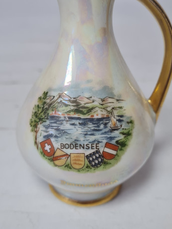 Ваза-кувшин винтажная Plankenhammer Zak Bavaria, фарфоровая с 24K позолотой "Боденское озеро", 10,5 x 5,5 см, Германия, 1960-70гг.