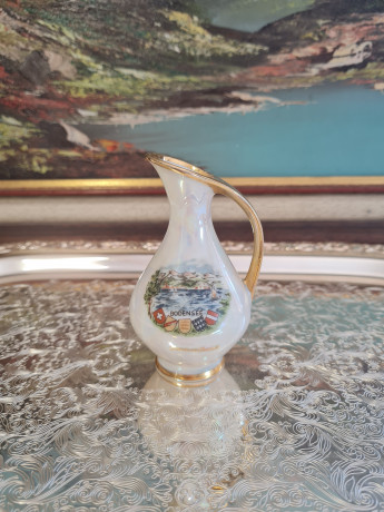 Ваза-кувшин винтажная Plankenhammer Zak Bavaria, фарфоровая с 24K позолотой "Боденское озеро", 10,5 x 5,5 см, Германия, 1960-70гг.
