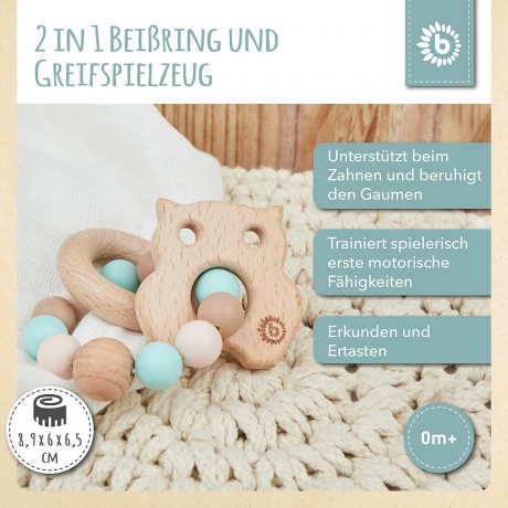 bieco Eule Greifling Holz Natur mit Silikon Kugel Baby Beissring 9cm Greifring Beissringe Игрушка для захвата совы из натурального дерева с силиконовым шариком