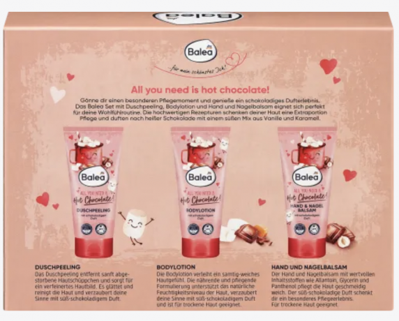 Balea Geschenkset ALL YOU NEED IS Hot Chocolate 3tlg, Подарочный набор: 1x лосьон для тела (100 мл), 1x скраб для душа (100 мл), 1x бальзам для рук и ногтей (100 мл)