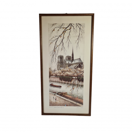 Картина винтажная Kunsthaus Schaller KG / Otriz Alfau "Собор Парижской Богоматери", под стеклом, 55 x 28 см, Германия, 1960-1970гг.