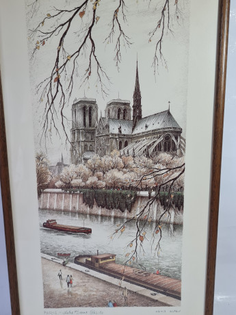 Картина винтажная Kunsthaus Schaller KG / Otriz Alfau "Собор Парижской Богоматери", под стеклом, 55 x 28 см, Германия, 1960-1970гг.