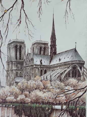 Картина винтажная Kunsthaus Schaller KG / Otriz Alfau "Собор Парижской Богоматери", под стеклом, 55 x 28 см, Германия, 1960-1970гг.