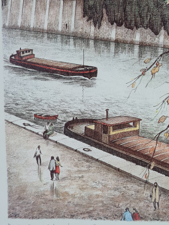 Картина винтажная Kunsthaus Schaller KG / Otriz Alfau "Собор Парижской Богоматери", под стеклом, 55 x 28 см, Германия, 1960-1970гг.