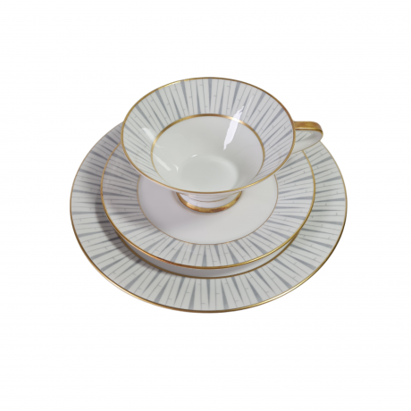 Чайное трио винтажное Konigel.prv. / Tettau 1794, серо-золотой декор, фарфор, Германия, 1960-70гг.