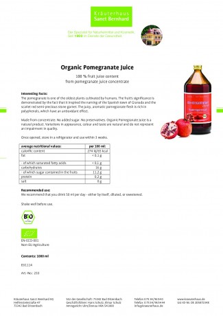 Krauterhaus Sanct Bernhardt Organic Pomegranate juice, 1 литр