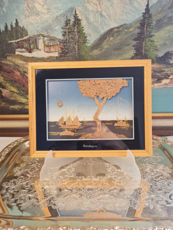 Панно декоративное винтажное из пробкового дерева "Сардиния", объемное, под стеклом, в раме, Италия, 2000-2010гг.