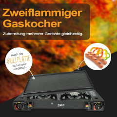 ZMC ZMC Gaskocher 2in1 Campingkocher mit Grillplatte 2 Flammig + 24x Gaskartuschen 227g, (mit Piezozundung Grill Platte Tischgrill Doppel Gasbrenner Gasgrill Kochfeld mit LPG Anschluss Warmeleistung: 2,3KW), Outdoor Camping Gas Kocher Butan Gas Gaskocher 