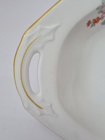 Erichwald Белое овальное фарфоровое блюдо с ручками с цветочным рисунком и позолотой, 34,5 x 22 x 5,5 см, Германия, 1960-70гг.