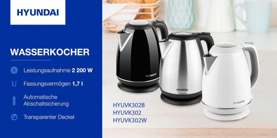 Hyundai Hyundai Wasserkocher VK302B, 1,7 l, 2200 W, Edelstahl, Doppelsicherheitssystem, transparenter Deckel  Чайник Hyundai VK302B, 1,7л, 2200Вт, нержавеющая сталь, двойная система безопасности, прозрачная крышка