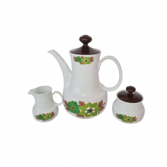 Набор чайный винтажный Mitterteich Bavaria, чайник, сахарница, молочник: бело-коричневый фарфор с зеленым цветочным декором, 23,5 x 21 см / 10 см / 9 см, Германия, 1960-70гг.