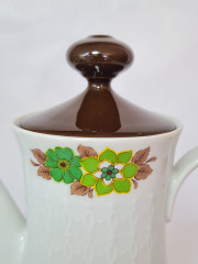 Набор чайный винтажный Mitterteich Bavaria, чайник, сахарница, молочник: бело-коричневый фарфор с зеленым цветочным декором, 23,5 x 21 см / 10 см / 9 см, Германия, 1960-70гг.