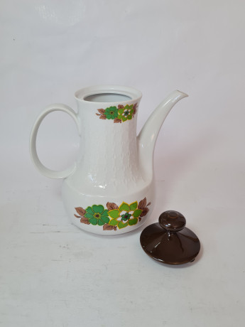 Набор чайный винтажный Mitterteich Bavaria, чайник, сахарница, молочник: бело-коричневый фарфор с зеленым цветочным декором, 23,5 x 21 см / 10 см / 9 см, Германия, 1960-70гг.