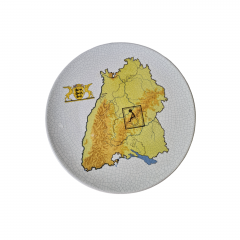 Тарелка декоративная винтажная Staatliche Majolika Karlsruhe, белый фарфор с кракелюром, желтый принт, 42 x 3,5 см, Германия, 1985г.