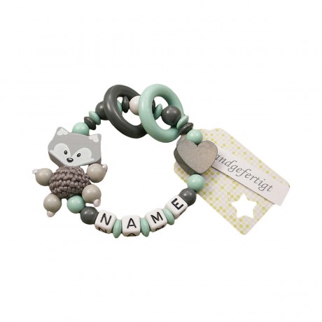 kleinerStorch Greifling mit Name – Madchen  Jungen Beissring personalisiert – Holz Rassel Fuchs  Herz grau mint Игрушка-клатч с именем