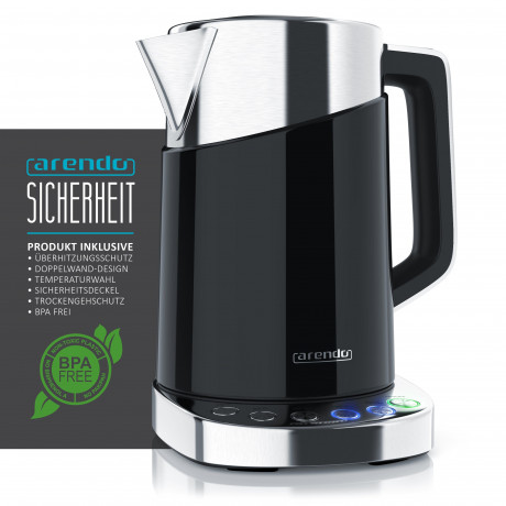 Arendo Arendo Wasserkocher, 1,7 l, 3000 W, Edelstahl, Schnellkoch Funktion, Temperatureinstellung 70° C 100° C  Чайник Arendo, 1,7 л, 3000 Вт, нержавеющая сталь, функция быстрого закипания, регулировка температуры 70°С 100°С