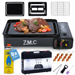 ZMC ZMC Gaskocher 2-in-1 Gaskocher inkl. Zubehor, Camping-Kocher mit 8x Gaskartuschen, (mit Grillplatte + Grillrost, stufenlos regulierbar, Tischgrill), mit Tragekoffer, 3,8kg, Piezo-Zundung Warmeleistung: 2,2KW  Газовая плита ZMC Газовая плита 2-в-1, вкл