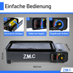 ZMC ZMC Gaskocher 2-in-1 Gaskocher inkl. Zubehor, Camping-Kocher mit 8x Gaskartuschen, (mit Grillplatte + Grillrost, stufenlos regulierbar, Tischgrill), mit Tragekoffer, 3,8kg, Piezo-Zundung Warmeleistung: 2,2KW  Газовая плита ZMC Газовая плита 2-в-1, вкл