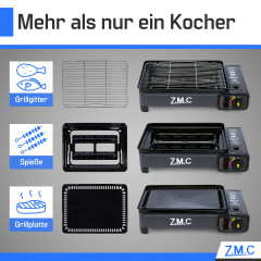 ZMC ZMC Gaskocher 2-in-1 Gaskocher inkl. Zubehor, Camping-Kocher mit 8x Gaskartuschen, (mit Grillplatte + Grillrost, stufenlos regulierbar, Tischgrill), mit Tragekoffer, 3,8kg, Piezo-Zundung Warmeleistung: 2,2KW  Газовая плита ZMC Газовая плита 2-в-1, вкл