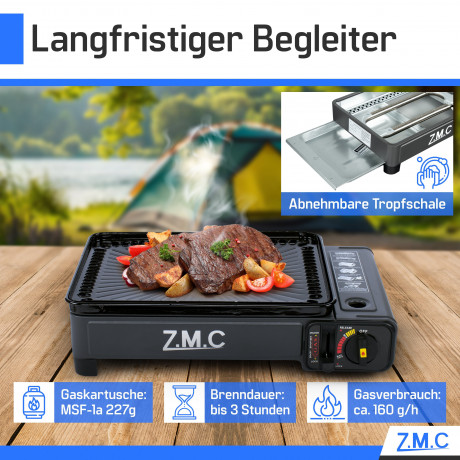 ZMC ZMC Gaskocher 2-in-1 Gaskocher inkl. Zubehor, Camping-Kocher mit 8x Gaskartuschen, (mit Grillplatte + Grillrost, stufenlos regulierbar, Tischgrill), mit Tragekoffer, 3,8kg, Piezo-Zundung Warmeleistung: 2,2KW  Газовая плита ZMC Газовая плита 2-в-1, вкл
