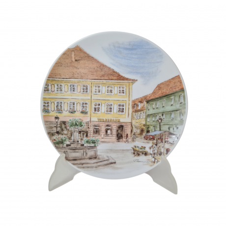 Тарелка декоративная винтажная Goebel, белый фарфор с изображением Рыночной площади г. Дурла, 22 x 2 см, Германия, 1960-70гг.