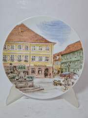 Тарелка декоративная винтажная Goebel, белый фарфор с изображением Рыночной площади г. Дурла, 22 x 2 см, Германия, 1960-70гг.
