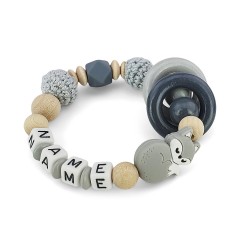 kleinerStorch Greifling mit Name – Madchen  Jungen Beissring personalisiert – Holz Rassel Silikon Fuchs grau Игрушка-клатч с именем