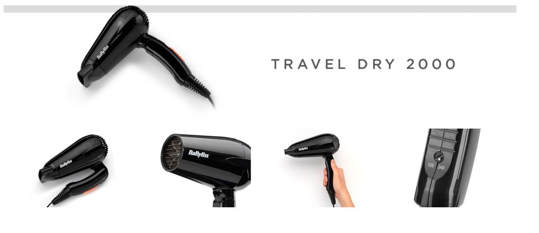BaByliss Travel dry 2000 Фен  дорожный для путешестий, черный, складной, 2000вт, 300г