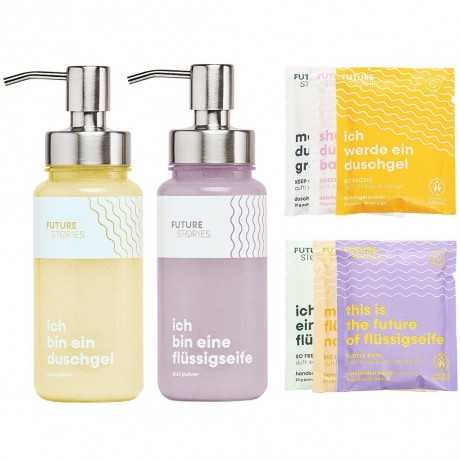FUTURE STORIES Vorteilskit Duschgel & Flussigseifen Pulver mit allen 6 Sorten inkl. 2 Pumpspender  Комплект Advantage с гелем для душа и жидким мыльным порошком всех 6 типов, включая 2 помповых дозатора.