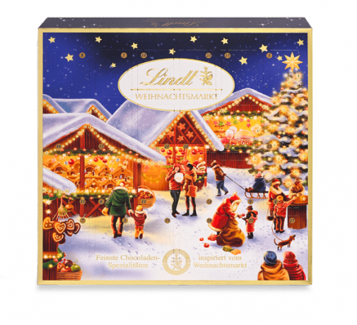 Lindt Mini-Tisch-Adventskalender Weihnachtsmarkt 115g, Линдт Адвент-календарь 2025 Рождественская ярмарка, 24 конфеты, 19см х 19см, 115 грамм