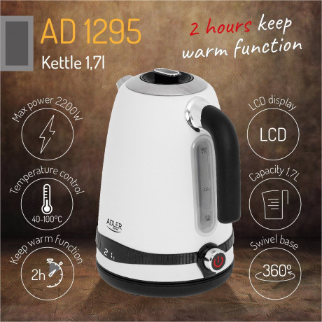 JUNG JUNG Wasserkocher ADLER AD1295W Wasserkocher mit Temperatureinstellung Digital Kettle, 1.7 l, 2200 W, Edelstahl LCD Display 360° Basis, Wasserkessel Wasser kochen Kettle  Чайник JUNG Чайник ADLER AD1295W с регулировкой температуры, цифровой чайник, 1