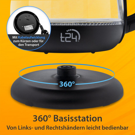 T24 T24 Reise-Wasserkocher T24 GlasWasserkocher mit LED 1100 Watt 1 Liter schwarz, 1 l, 1100 W  Дорожный чайник T24 Стеклянный чайник T24 со светодиодной подсветкой 1100 Вт 1 л черный, 1 л, 1100 Вт