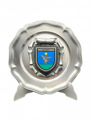 Тарелка декоративная винтажная Koziol "Герб города Карлсдорф-Нойтард" / Серия "Геральдика", яркий декор, олово (95%), 23 см, Германия, 1970-80гг.