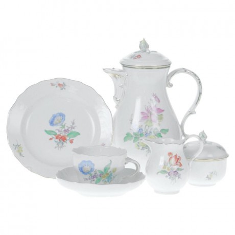 Meissen Meissen  'Neuer Ausschnitt - Blume 3 mitte bunt mit Goldrand' Kaffeeservice 8 Personen 27-tlg. Meissen "New Cut - flower 3 центр разноцветный с золотой каймой" Кофейный сервиз на 8 персон 27 предм.