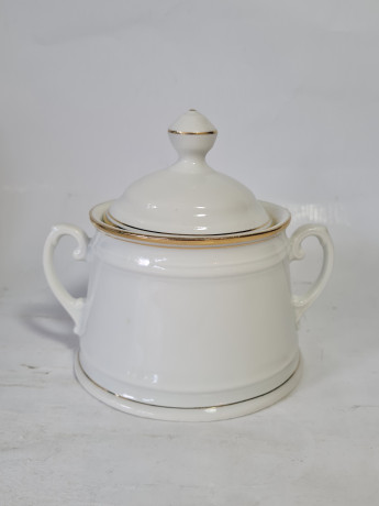 Набор посуды для чая винтажный Mitterteich Bavaria, белый фарфор с золотой каймой: чайник 22 x 23 см, молочник 12,5 x 13 см, сахарница 14,5 x 13 см, Германия, 1960-70гг.