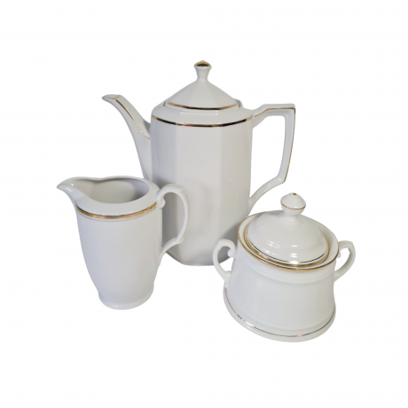 Набор посуды для чая винтажный Mitterteich Bavaria, белый фарфор с золотой каймой: чайник 22 x 23 см, молочник 12,5 x 13 см, сахарница 14,5 x 13 см, Германия, 1960-70гг.