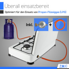 ZMC ZMC Gaskocher Tragbarer Gaskocher Campingkocher 2-flammig inkl. Schlauch und Regler, 2,2 kW 50 mBar Outdoor Gasherd Kochfeld Herd Propangas Tischkocher  Газовая плита ZMC, переносная газовая плита, походная плита, 2 пламени, включая шланг и регулятор,