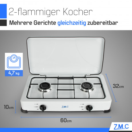 ZMC ZMC Gaskocher Tragbarer Gaskocher Campingkocher 2-flammig inkl. Schlauch und Regler, 2,2 kW 50 mBar Outdoor Gasherd Kochfeld Herd Propangas Tischkocher  Газовая плита ZMC, переносная газовая плита, походная плита, 2 пламени, включая шланг и регулятор,