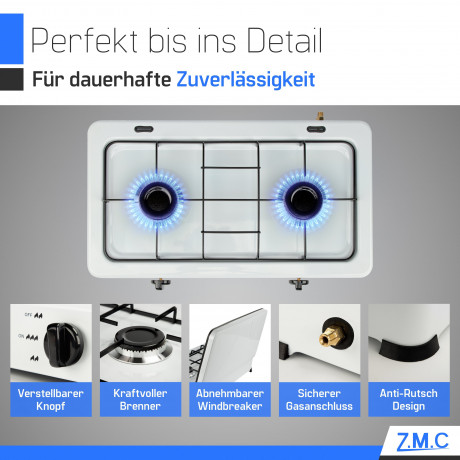 ZMC ZMC Gaskocher Tragbarer Gaskocher Campingkocher 2-flammig inkl. Schlauch und Regler, 2,2 kW 50 mBar Outdoor Gasherd Kochfeld Herd Propangas Tischkocher  Газовая плита ZMC, переносная газовая плита, походная плита, 2 пламени, включая шланг и регулятор,