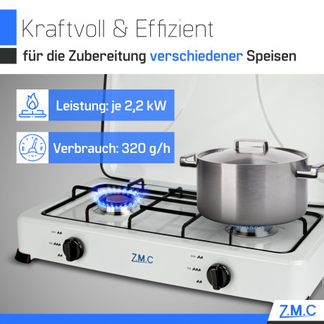 ZMC ZMC Gaskocher Tragbarer Gaskocher Campingkocher 2-flammig inkl. Schlauch und Regler, 2,2 kW 50 mBar Outdoor Gasherd Kochfeld Herd Propangas Tischkocher  Газовая плита ZMC, переносная газовая плита, походная плита, 2 пламени, включая шланг и регулятор,