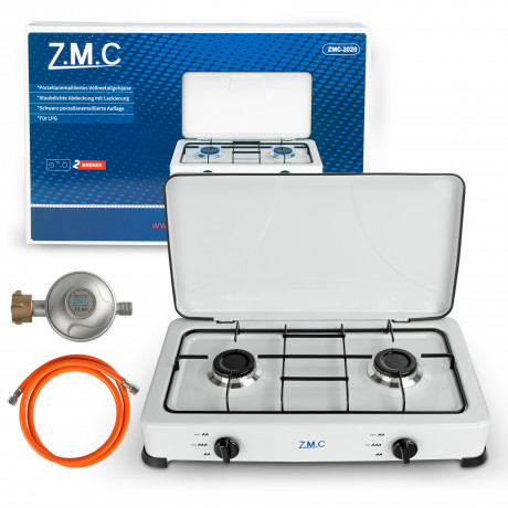 ZMC ZMC Gaskocher Tragbarer Gaskocher Campingkocher 2-flammig inkl. Schlauch und Regler, 2,2 kW 50 mBar Outdoor Gasherd Kochfeld Herd Propangas Tischkocher  Газовая плита ZMC, переносная газовая плита, походная плита, 2 пламени, включая шланг и регулятор,