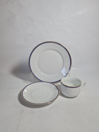 Чайное трио винтажное Jaeger&Co / PMR Bavaria с синей и золотой полосой, фарфор, Германия, 1960-70гг.
