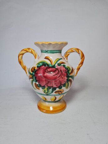 Miriam Italy Ваза для цветов с двумя ручками с ярким цветочным рисунком, 16 x 16 см, Италия, 1960-70гг.