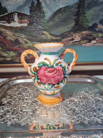 Miriam Italy Ваза для цветов с двумя ручками с ярким цветочным рисунком, 16 x 16 см, Италия, 1960-70гг.