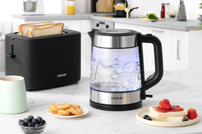 Linsar Wasserkocher Borosilikat Glas, 1,7 Liter, blaue LED-Beleuchtung, Kalkfilter  Чайник Linsar из боросиликатного стекла, 1,7 литра, синяя светодиодная подсветка, фильтр от накипи