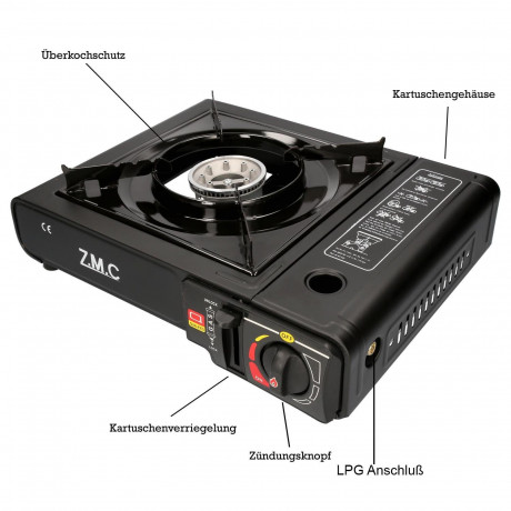 ZMC ZMC Gaskocher Gaskocher 1-flammig + Aufbewahrungskoffer + 16x Gaskartuschen 227g, (Butangas Campingkocher fur Innenraum/Outdoor, Campinggaskocher 2,2 kW mit Piezozundung), Kochfeld Herd Gaskocher mit Kartusche, Gaskochfeld fur Camping  Газовая плита Z